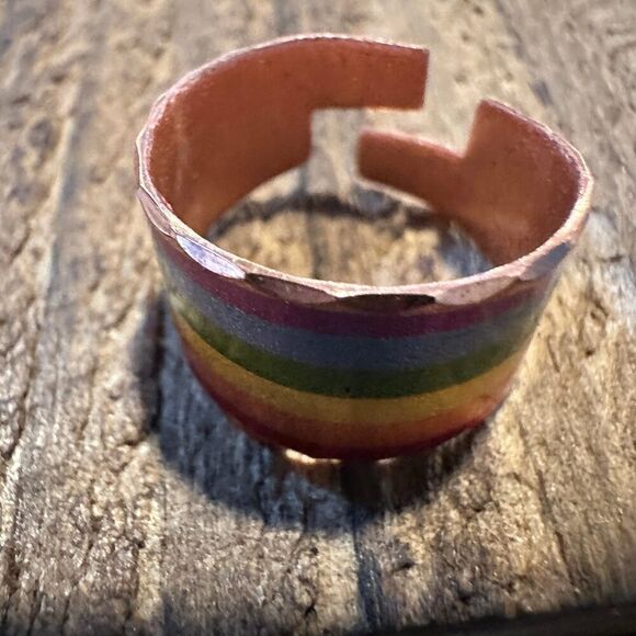 Handmade Boho Copper Wide Cuff Ring, Diamond Cut Rainbow Pride Design, Gift Box - Picture 4 of 7